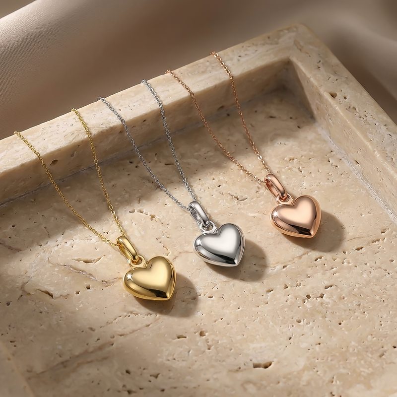 Pendentifs cœur bombé en or jaune, blanc et rose