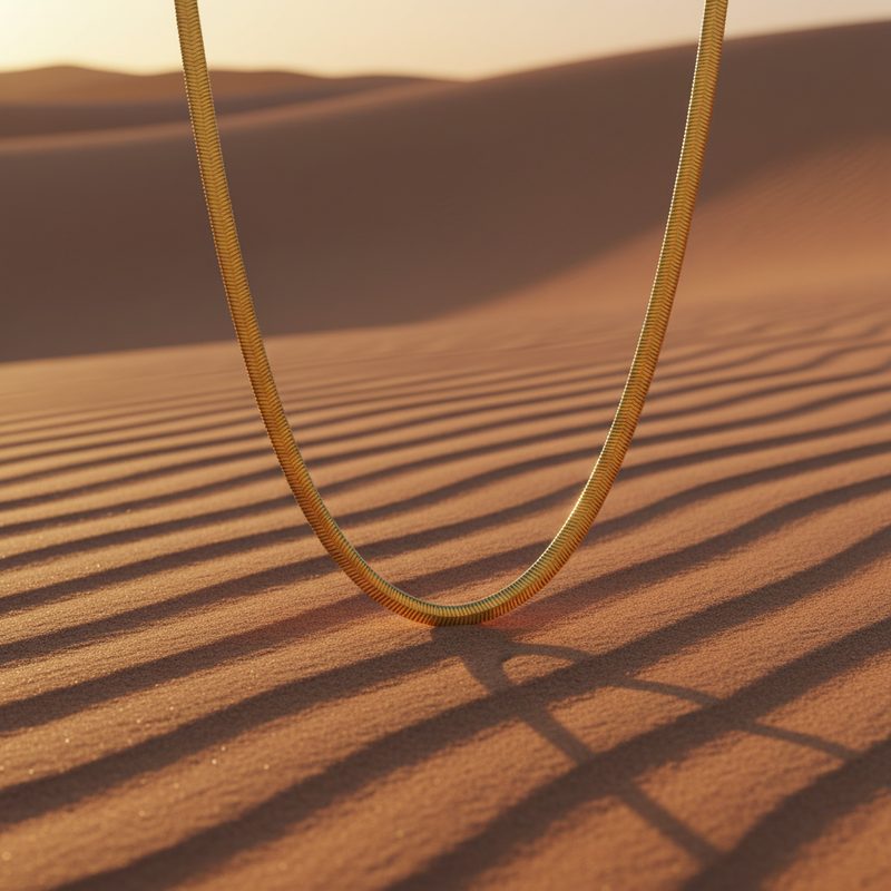 Chaîne plate en or sur des dunes de sable