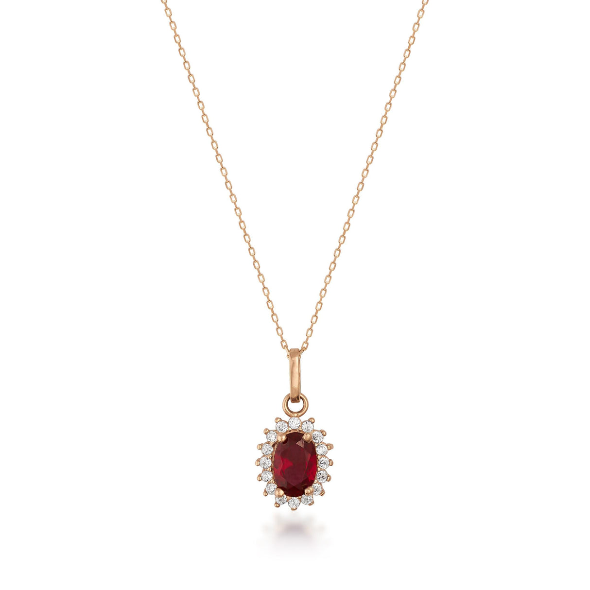14K Solid Gold Oval Ruby Halo Pendant Necklace: July Birthstone Charm