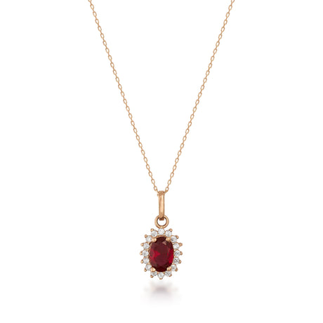 14K Solid Gold Oval Ruby Halo Pendant Necklace: July Birthstone Charm