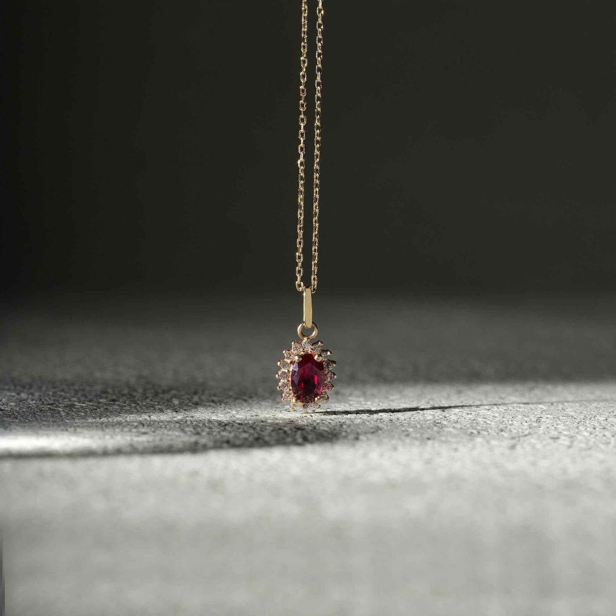 14K Solid Gold Oval Ruby Halo Pendant Necklace: July Birthstone Charm