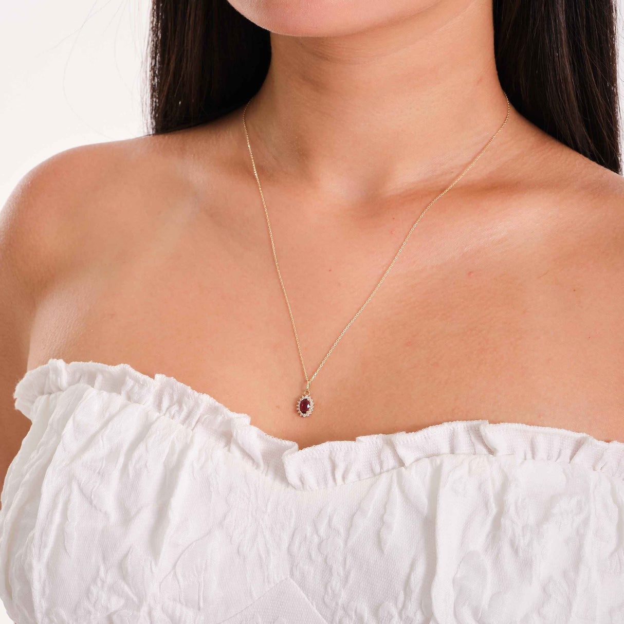 14K Solid Gold Oval Ruby Halo Pendant Necklace: July Birthstone Charm