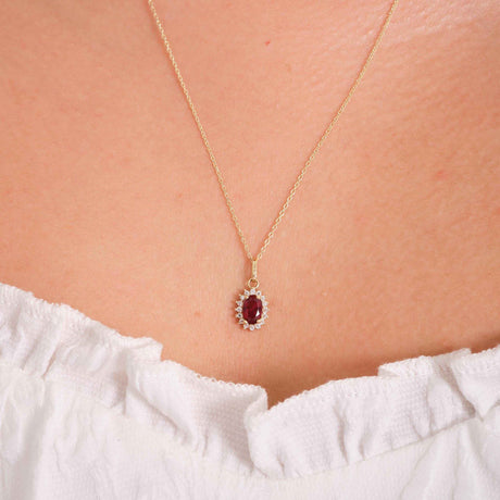 14K Solid Gold Oval Ruby Halo Pendant Necklace: July Birthstone Charm