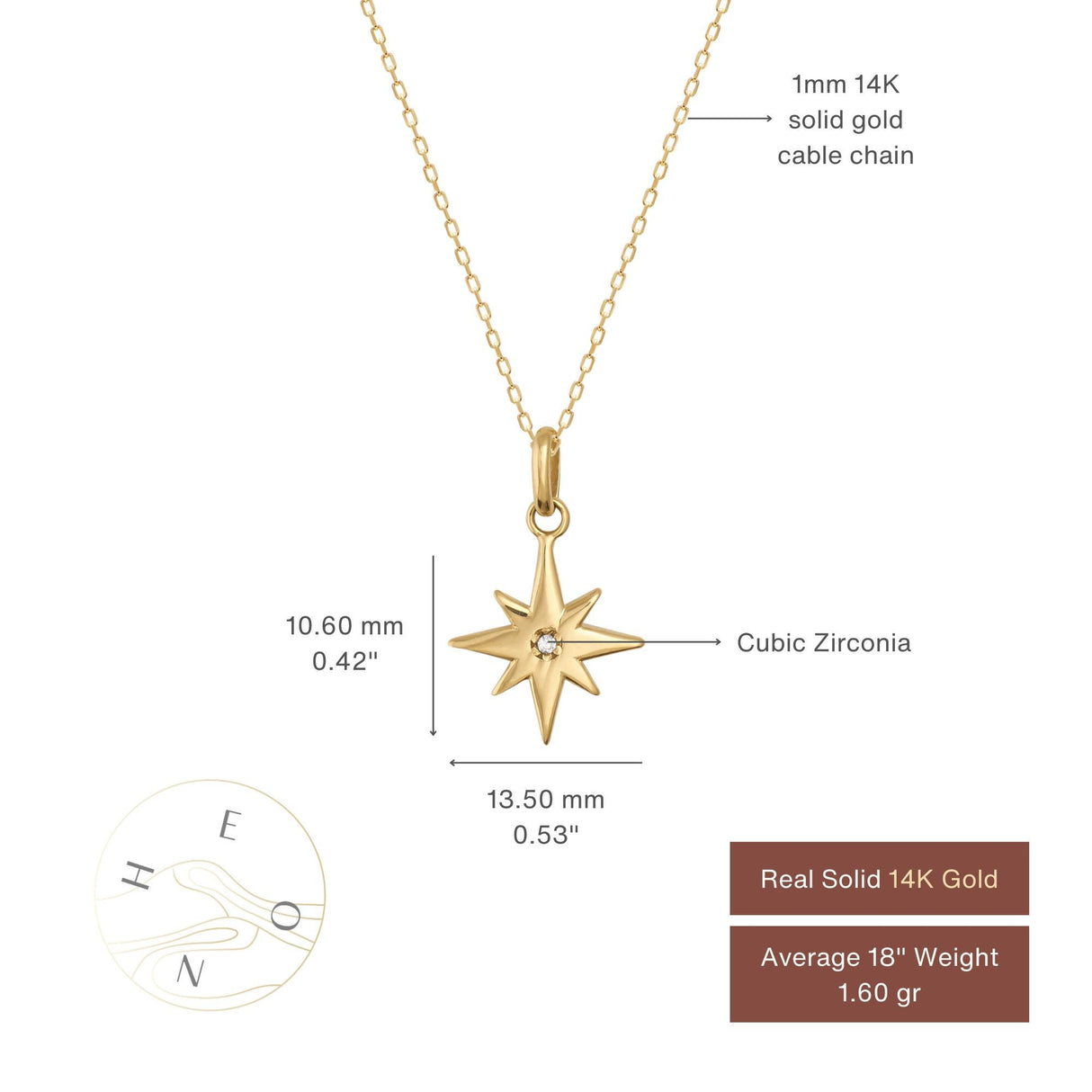 14K Solid Gold North Star Pendant Necklace, Cubic Zirconia
