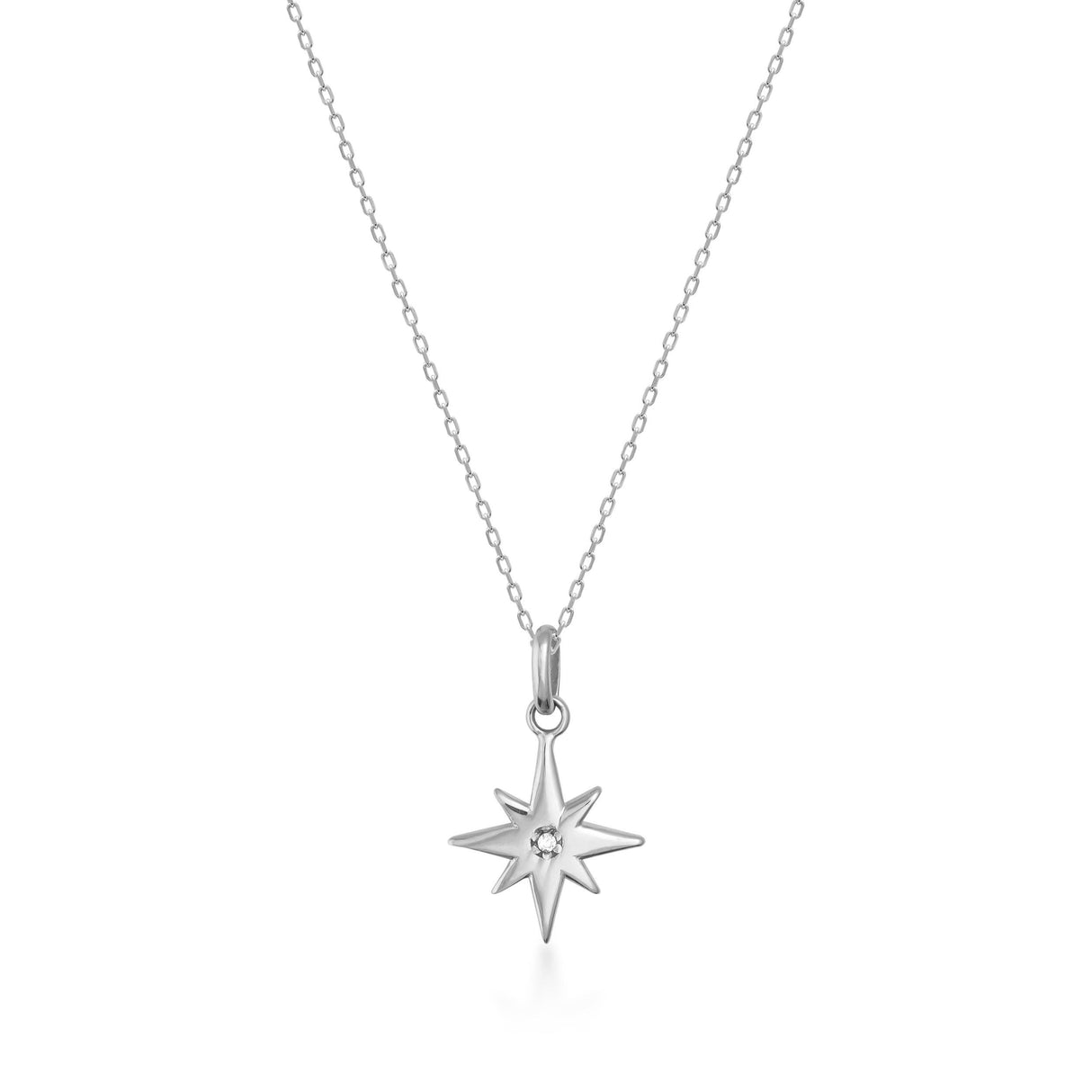 14K Solid Gold North Star Pendant Necklace, Cubic Zirconia