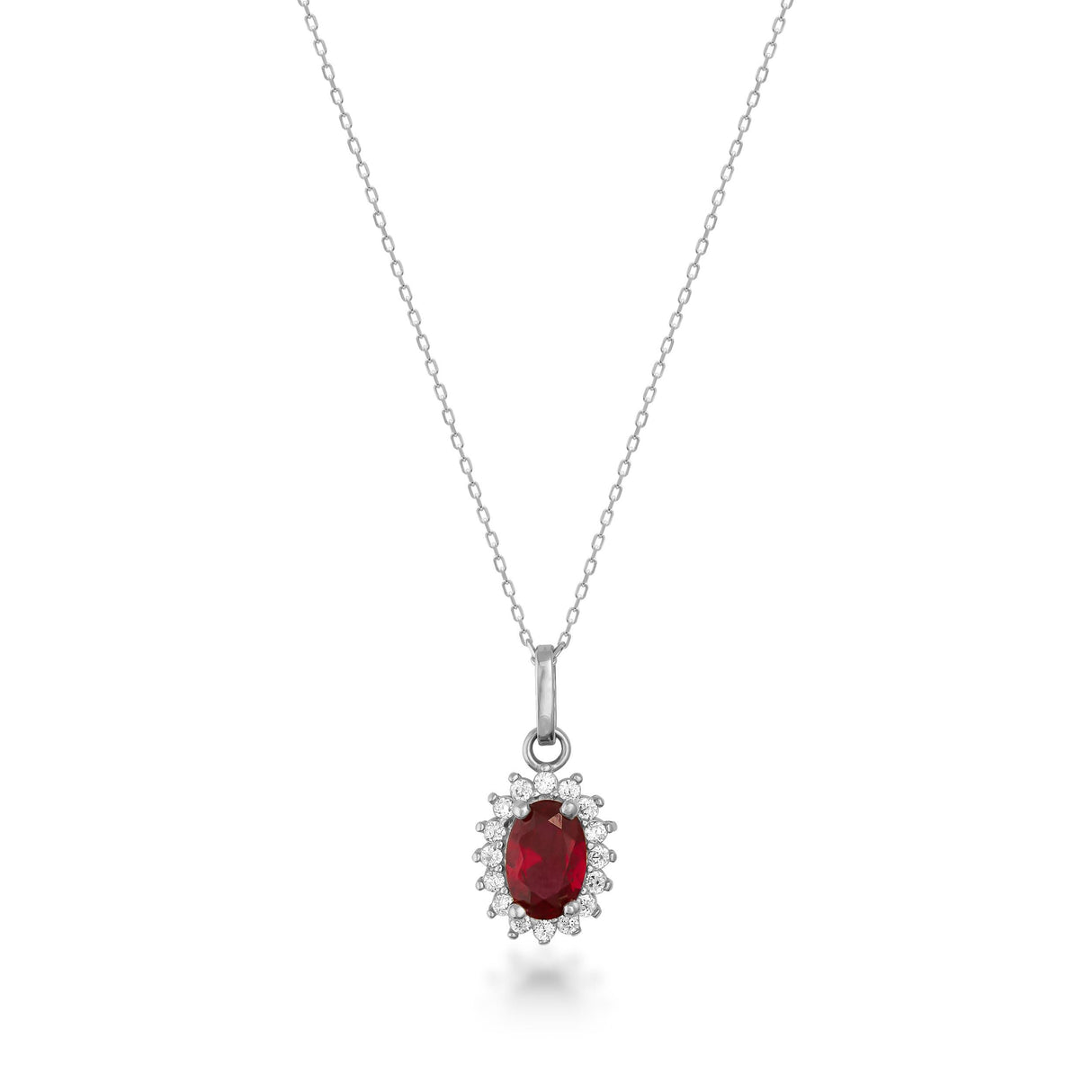 14K Solid Gold Oval Ruby Halo Pendant Necklace: July Birthstone Charm