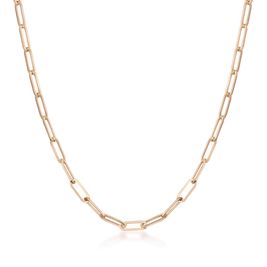 14K rose gold 3mm paperclip chain necklace, front view on white