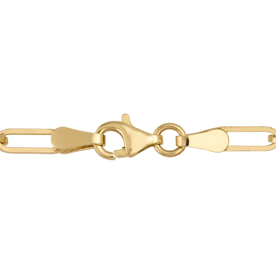Close-up of lobster clasp on 14K yellow gold 3mm paperclip chain