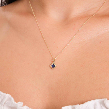 14K Gold Sapphire Clover Necklace: Minimalist Luck Charm