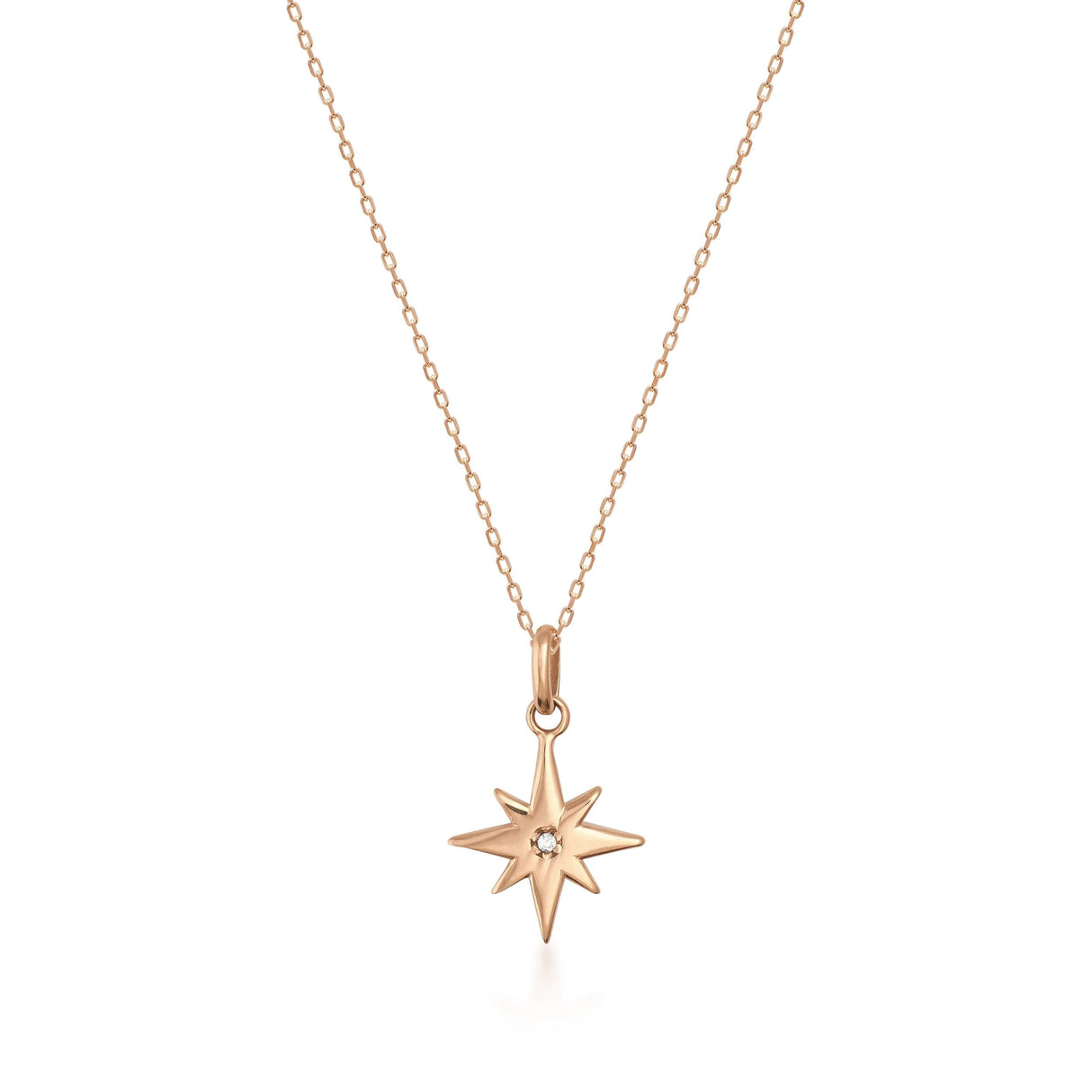 14K Solid Gold North Star Pendant Necklace, Cubic Zirconia