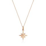 14K Solid Gold North Star Pendant Necklace, Cubic Zirconia