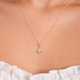 14K Solid Gold North Star Pendant Necklace, Cubic Zirconia