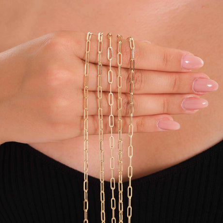 14K Solid Gold Paperclip Chain Necklace and Bracelet - 3mm Rectangle Link - Modern Layering Set