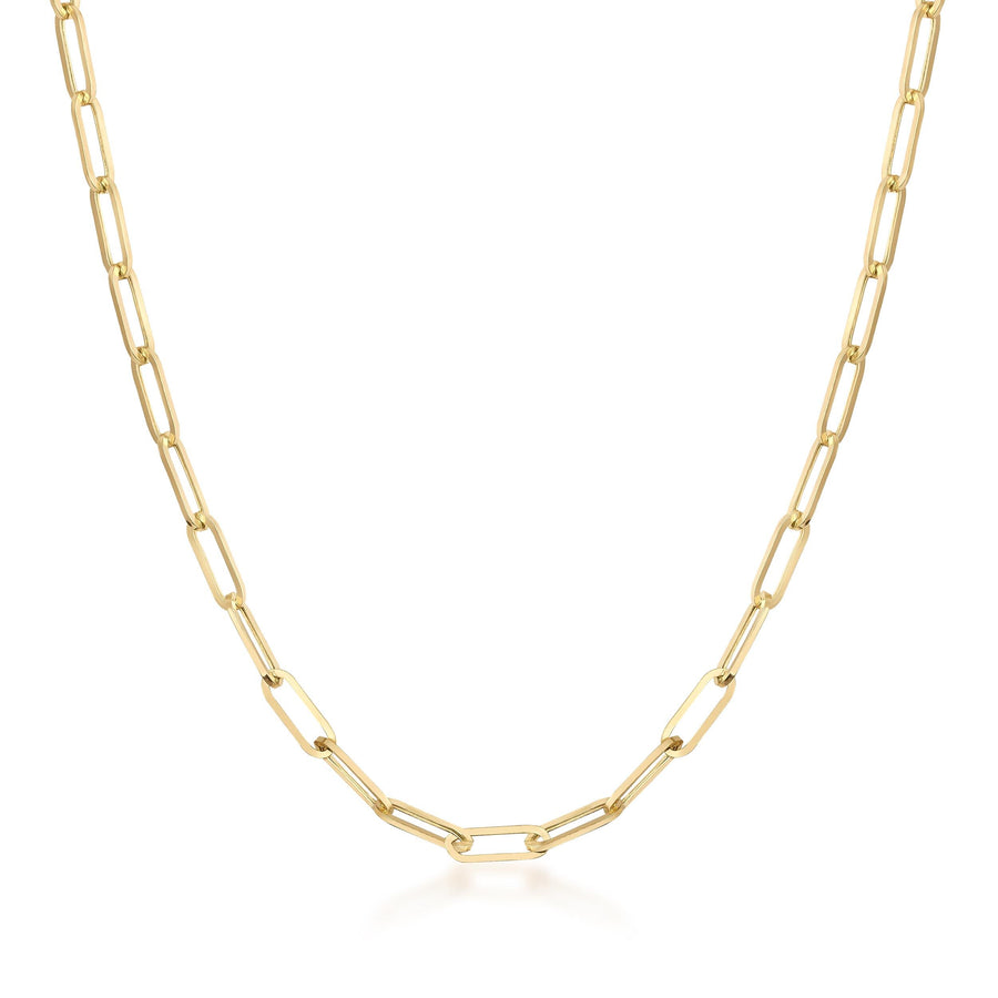 Collana a catena paperclip da 3 mm in oro giallo 14kt, vista frontale su sfondo bianco