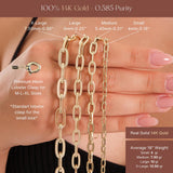 14K Solid Gold Paperclip Chain as Necklace or Bracelet - Unisex Rectangle Thick Layering Chain