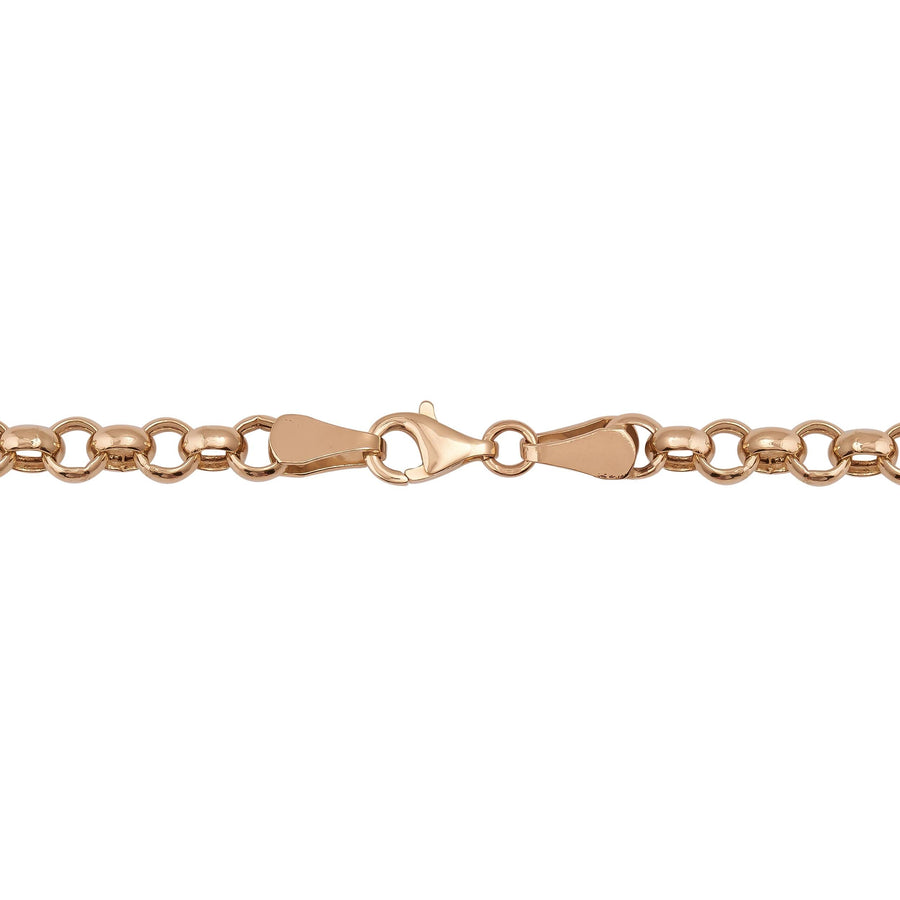 Bracelet maille rolo en or rose 14 carats posé à plat avec fermoir mousqueton