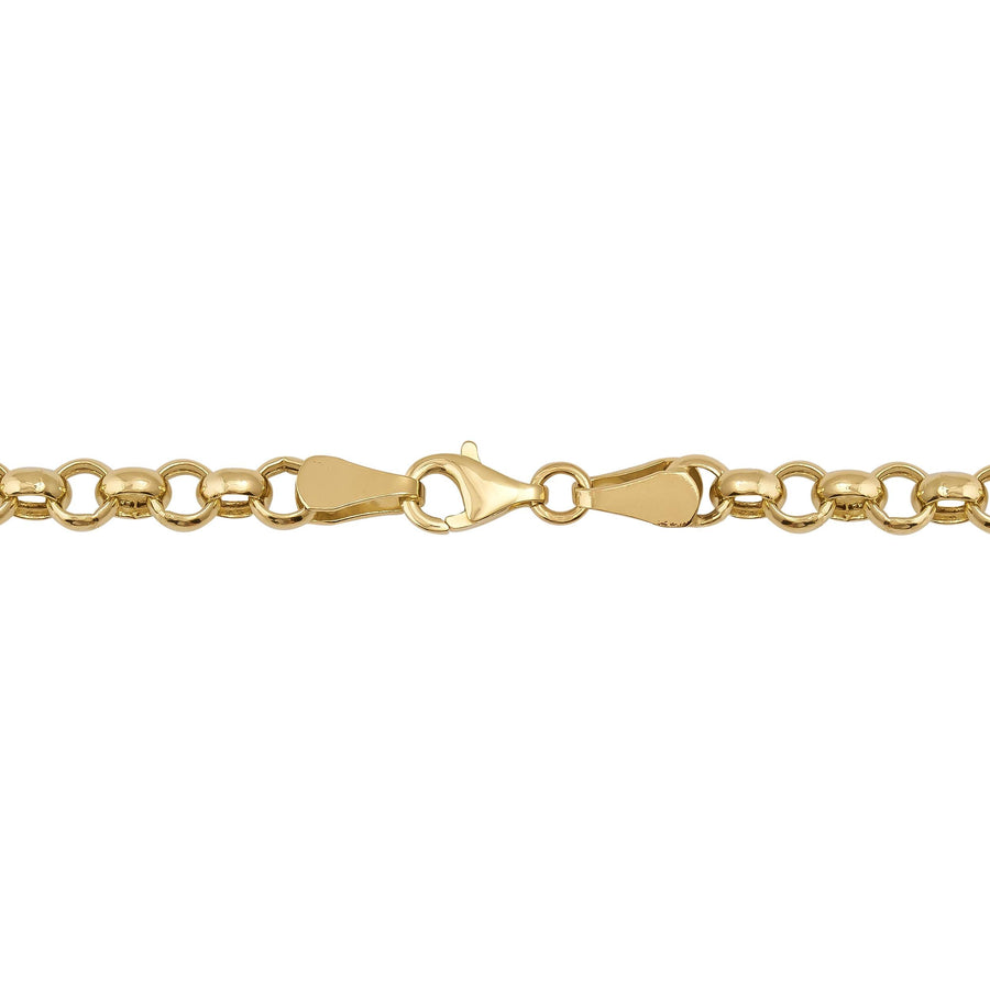 Bracelet maille rolo en or jaune 14 carats posé à plat avec fermoir mousqueton sur fond blanc