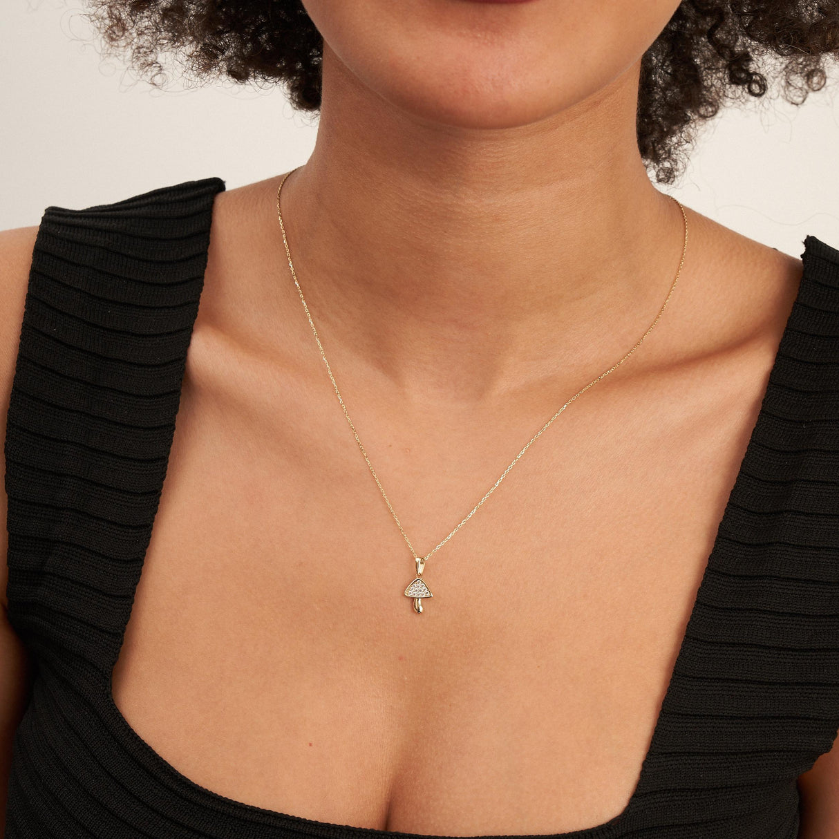 Mushroom Necklace 14K Solid Gold CZ Pendant Minimal Nature Jewelry