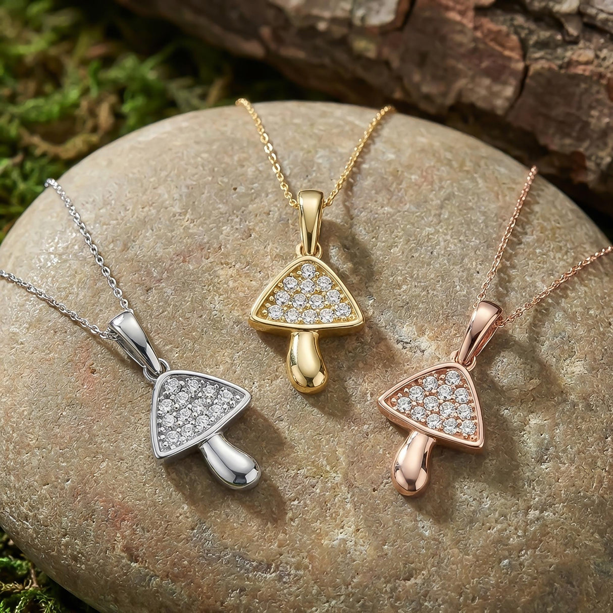 Mushroom Necklace 14K Solid Gold CZ Pendant Minimal Nature Jewelry