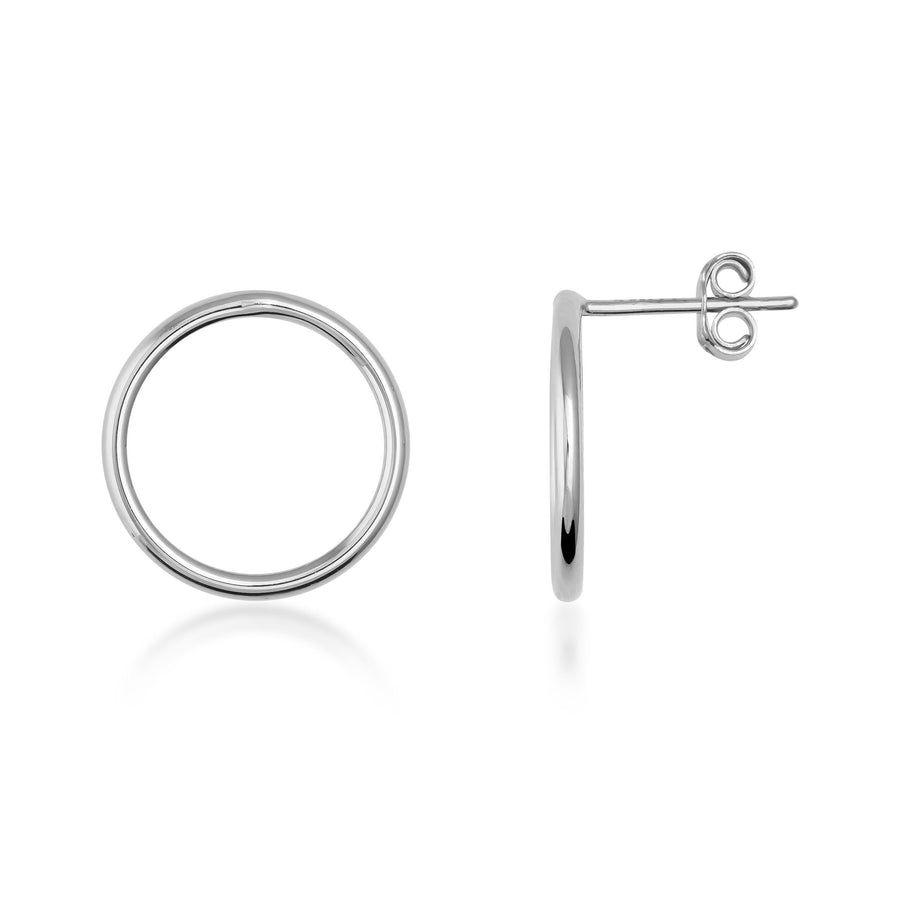 Puces d'oreilles créole cercle en or blanc 14 carats, vue de face et de côté sur fond blanc