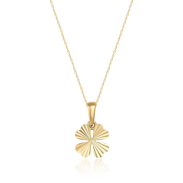 Collier trèfle à quatre feuilles taille diamant en or jaune 14 carats sur fond blanc