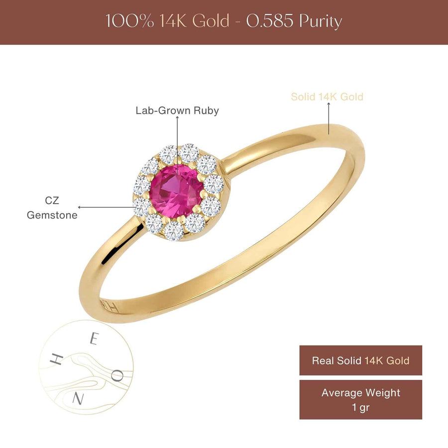 Infographie de la bague fine halo rubis en or jaune 14 carats : rubis de synthèse, halo d'oxyde de zirconium, poids moyen de 1 g