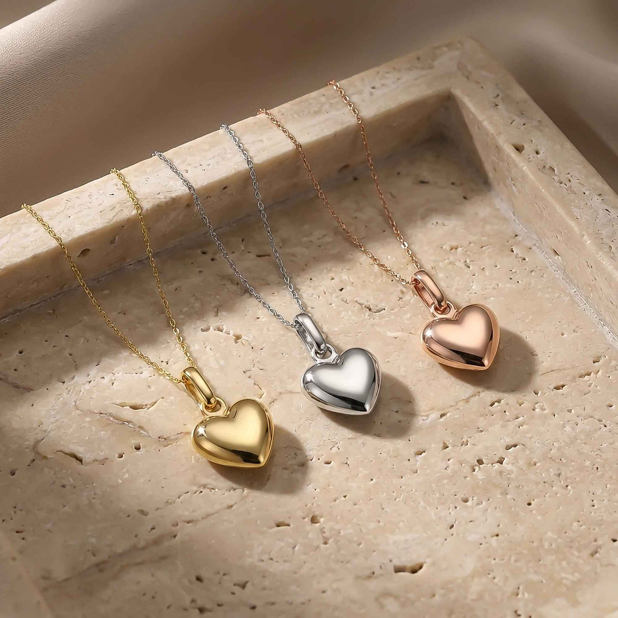 Puffed Heart Necklace 14K Solid Gold 3D Heart Timeless Love Jewelry Gift