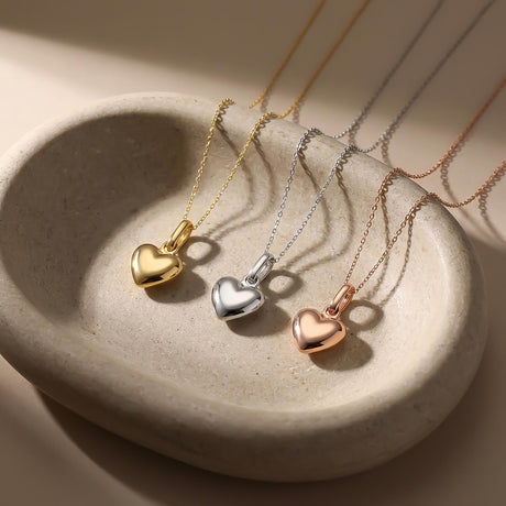 Puffed Heart Necklace 14K Solid Gold 3D Heart Timeless Love Jewelry Gift