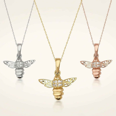 14K Solid Gold Honey Bee Pendant with CZ, Minimal Nature Inspired Jewelry Gift