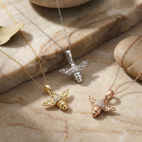 14K Solid Gold Honey Bee Pendant with CZ, Minimal Nature Inspired Jewelry Gift
