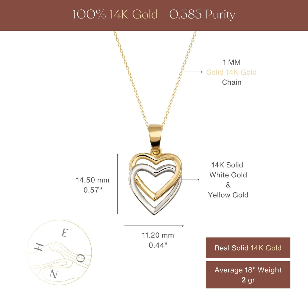 14K Solid Gold Double Heart Necklace, Two-Tone Love Pendant