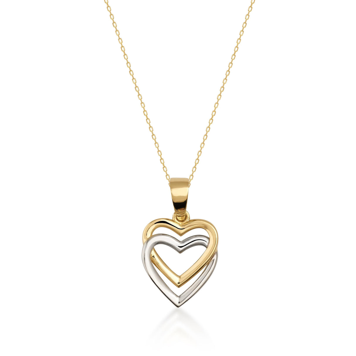 14K Solid Gold Double Heart Necklace, Two-Tone Love Pendant