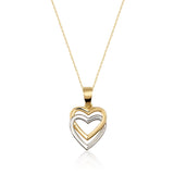 14K Solid Gold Double Heart Necklace, Two-Tone Love Pendant