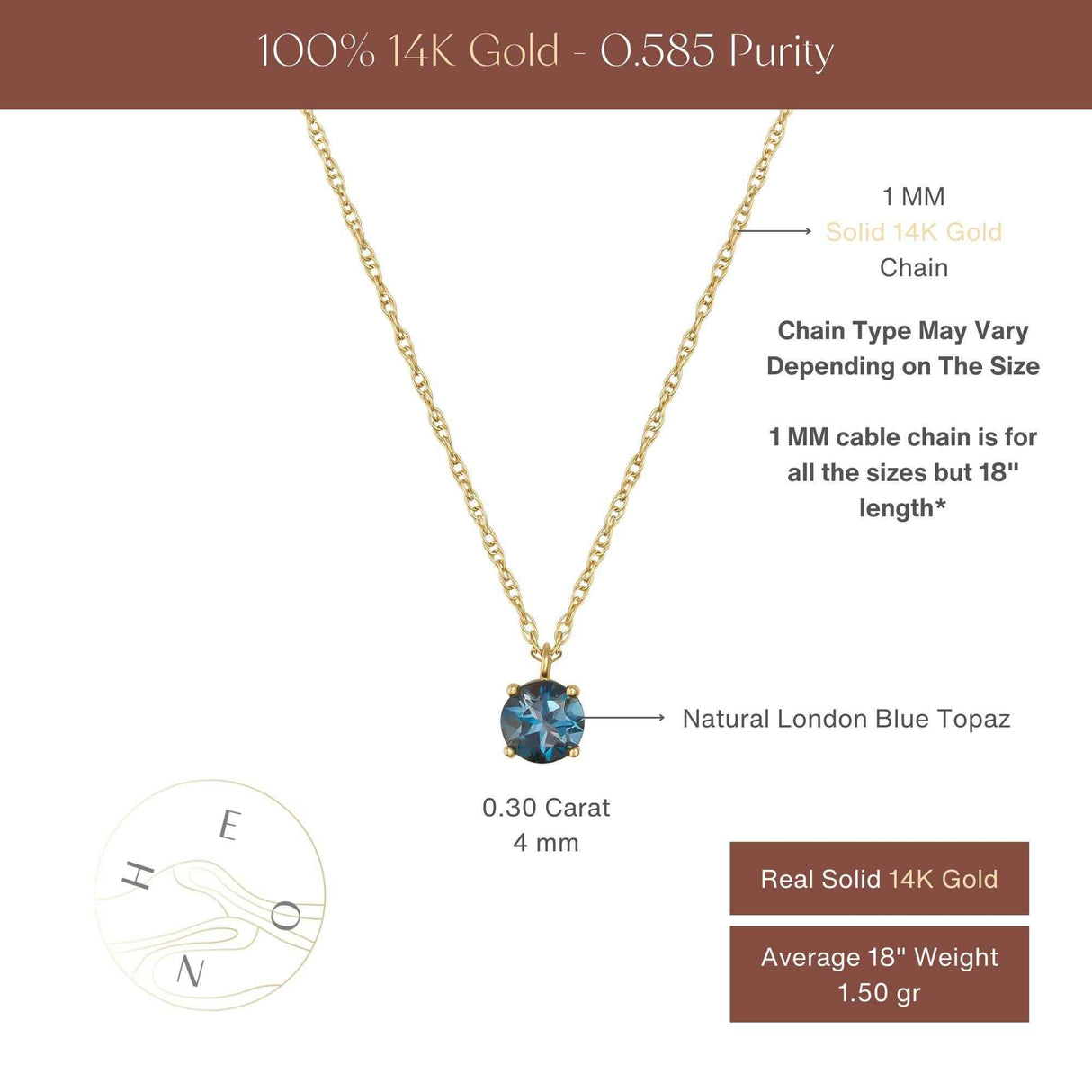 14K Solid Gold London Blue Topaz Solitaire Pendant Necklace