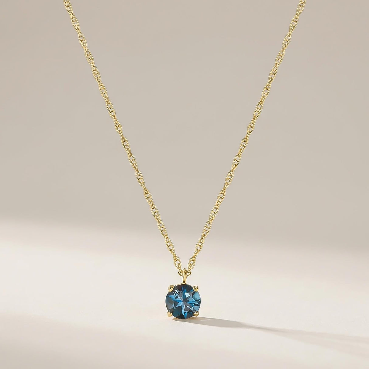 14K Solid Gold London Blue Topaz Solitaire Pendant Necklace