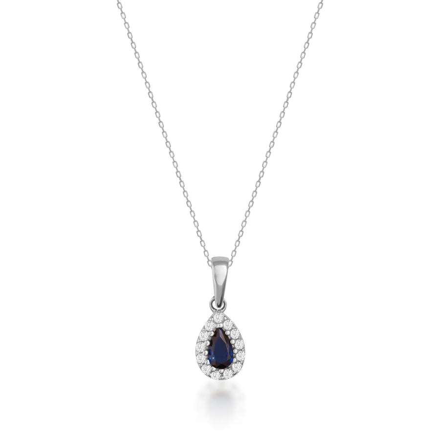 Collier pendentif halo saphir poire de synthèse en or blanc 14 carats sur fond blanc