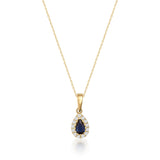 14K Solid Gold Sapphire Necklace Pear Halo Pendant September Birthstone Dainty Blue Gem Gift
