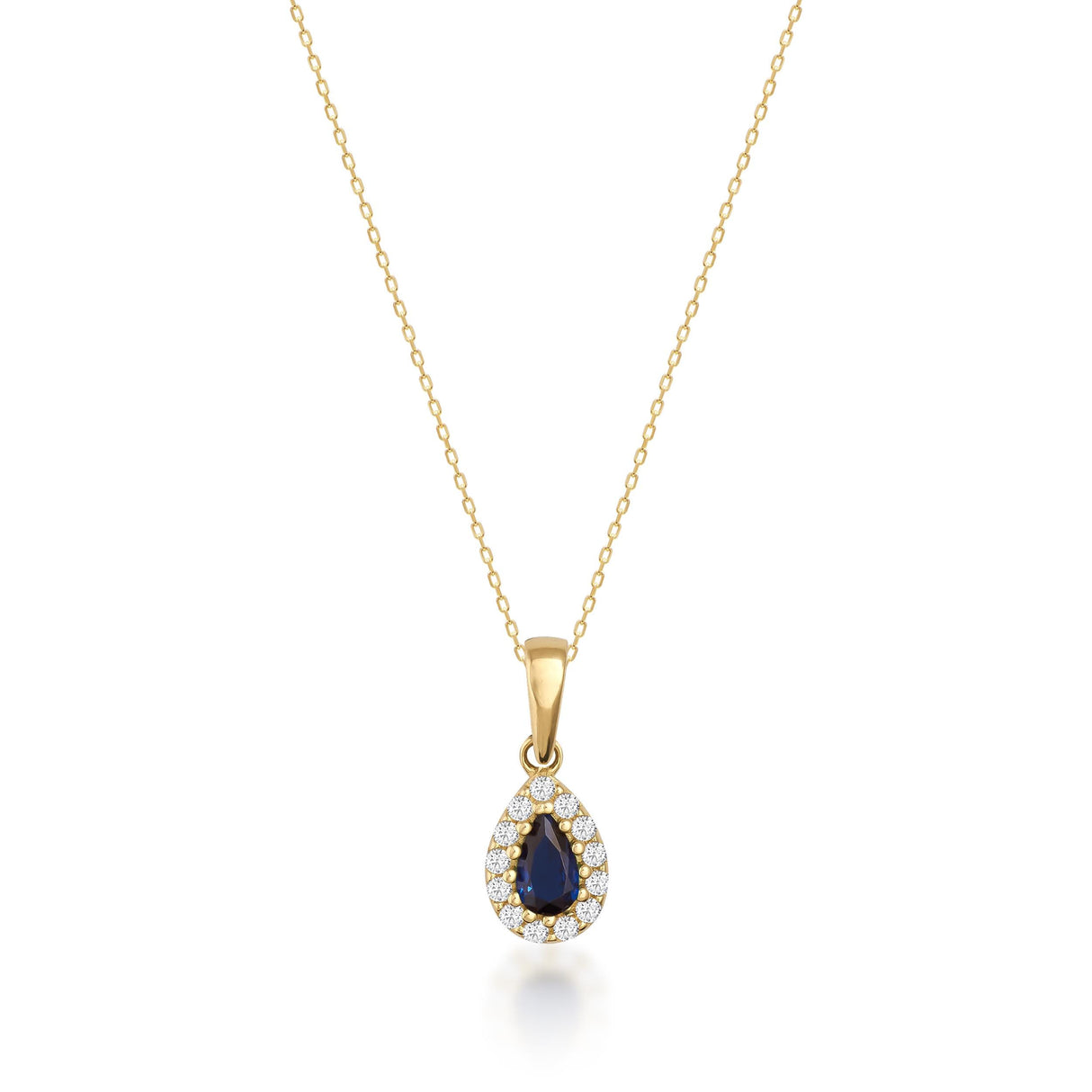 14K Solid Gold Sapphire Necklace Pear Halo Pendant September Birthstone Dainty Blue Gem Gift