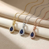 14K Solid Gold Sapphire Necklace Pear Halo Pendant September Birthstone Dainty Blue Gem Gift