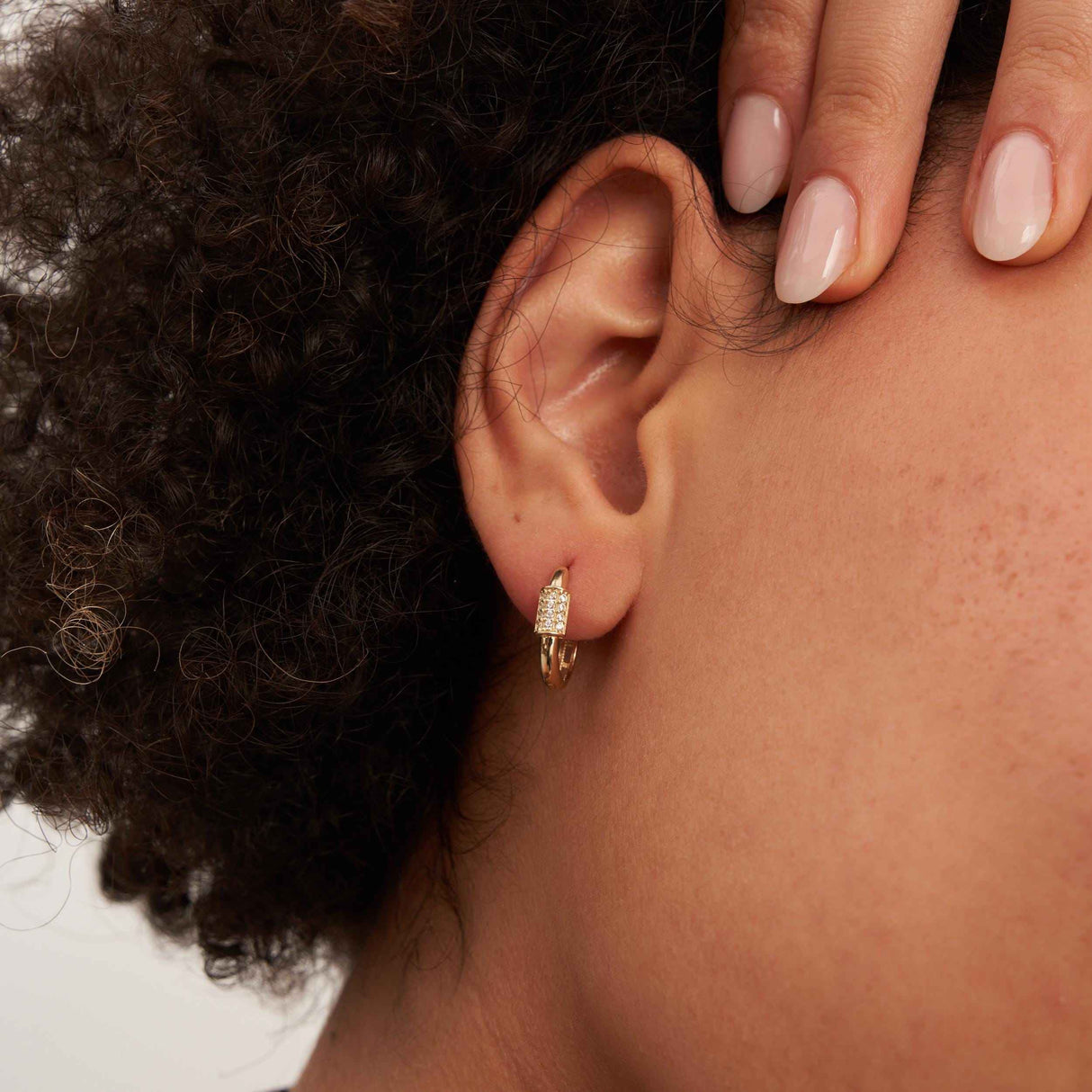 14K Solid Gold CZ Pave Huggie Earrings - Oval Hinged Hoops