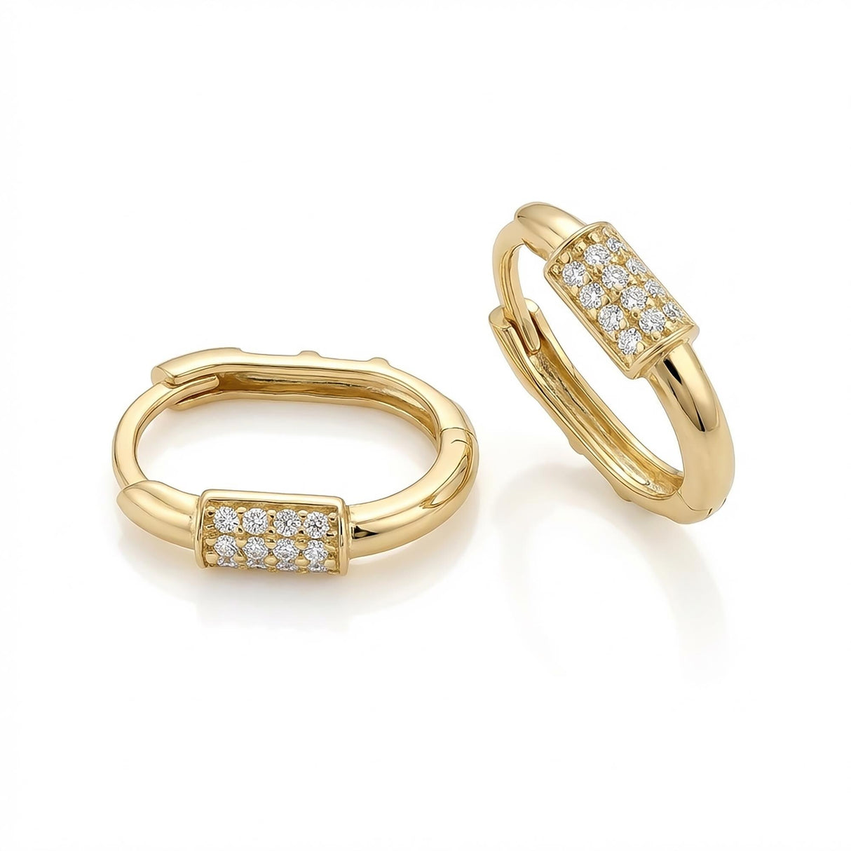 14K Solid Gold CZ Pave Huggie Earrings - Oval Hinged Hoops
