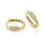 14K Solid Gold CZ Pave Huggie Earrings - Oval Hinged Hoops