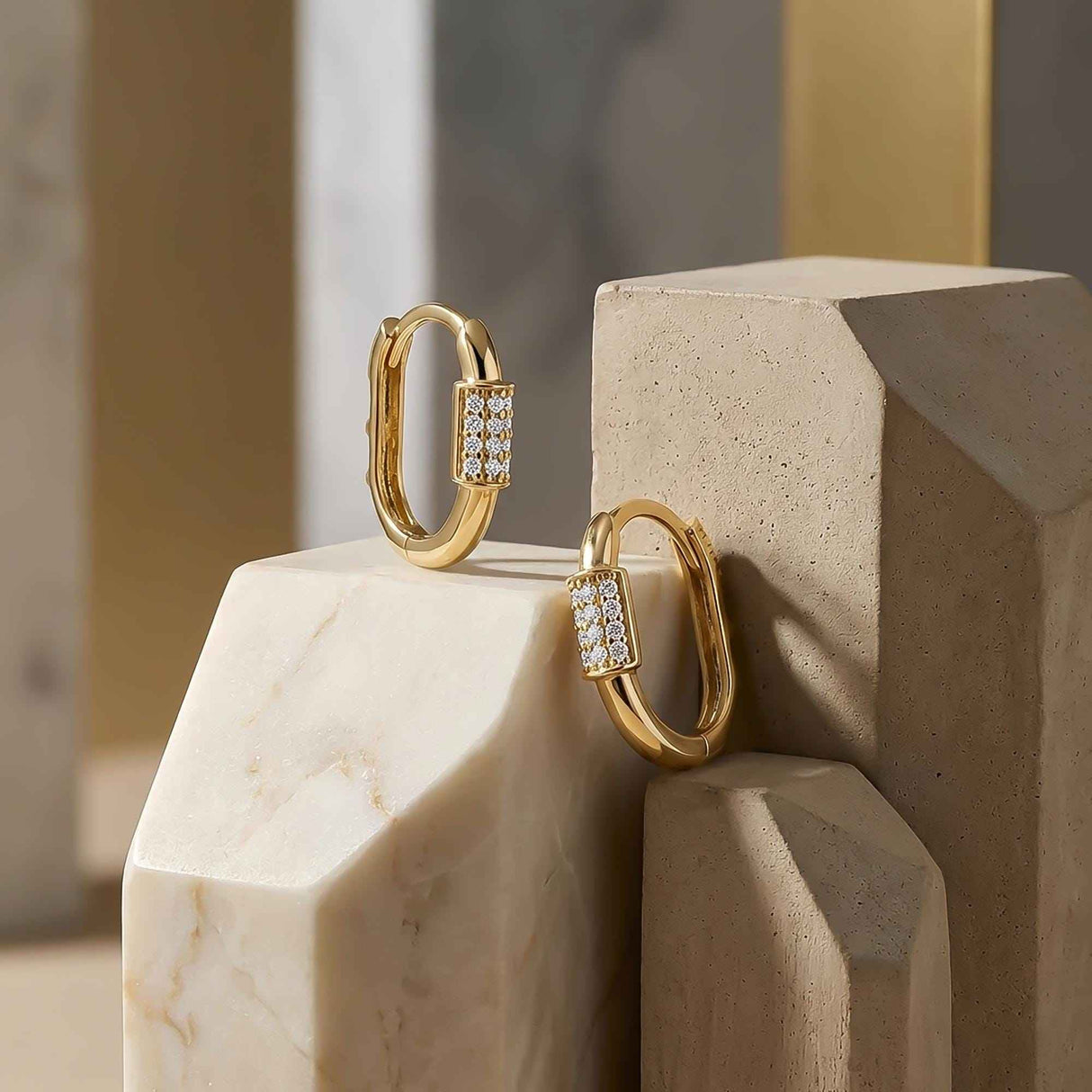 14K Solid Gold CZ Pave Huggie Earrings - Oval Hinged Hoops