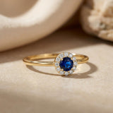 14K Solid Gold Sapphire Halo Ring September Birthstone Dainty Minimal Promise Ring