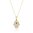 Collana mano di Fatima con zaffiro blu creato in laboratorio in oro giallo 14kt su sfondo bianco
