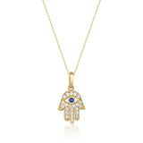 14K Solid Gold Hamsa Hand Necklace Sapphire Evil Eye Protection Pendant Gift