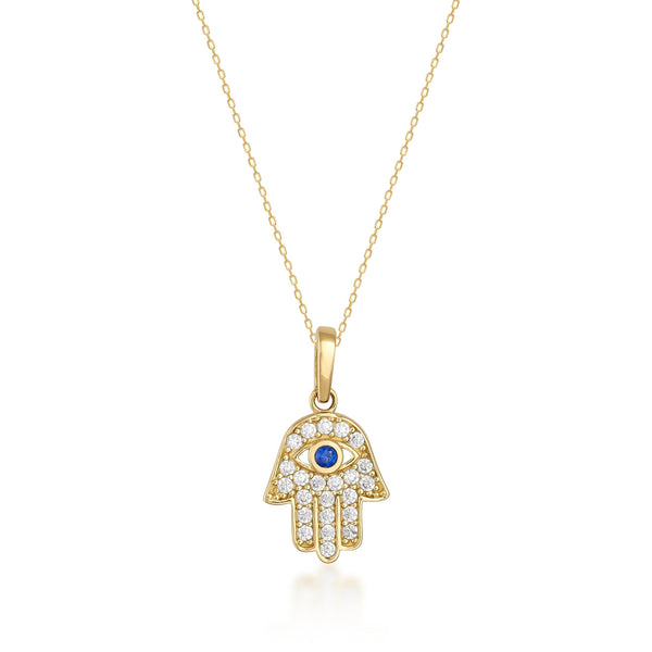 Collar mano de Hamsa con zafiro azul de laboratorio en oro amarillo de 14 quilates sobre fondo blanco