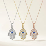 14K Solid Gold Hamsa Hand Necklace Sapphire Evil Eye Protection Pendant Gift