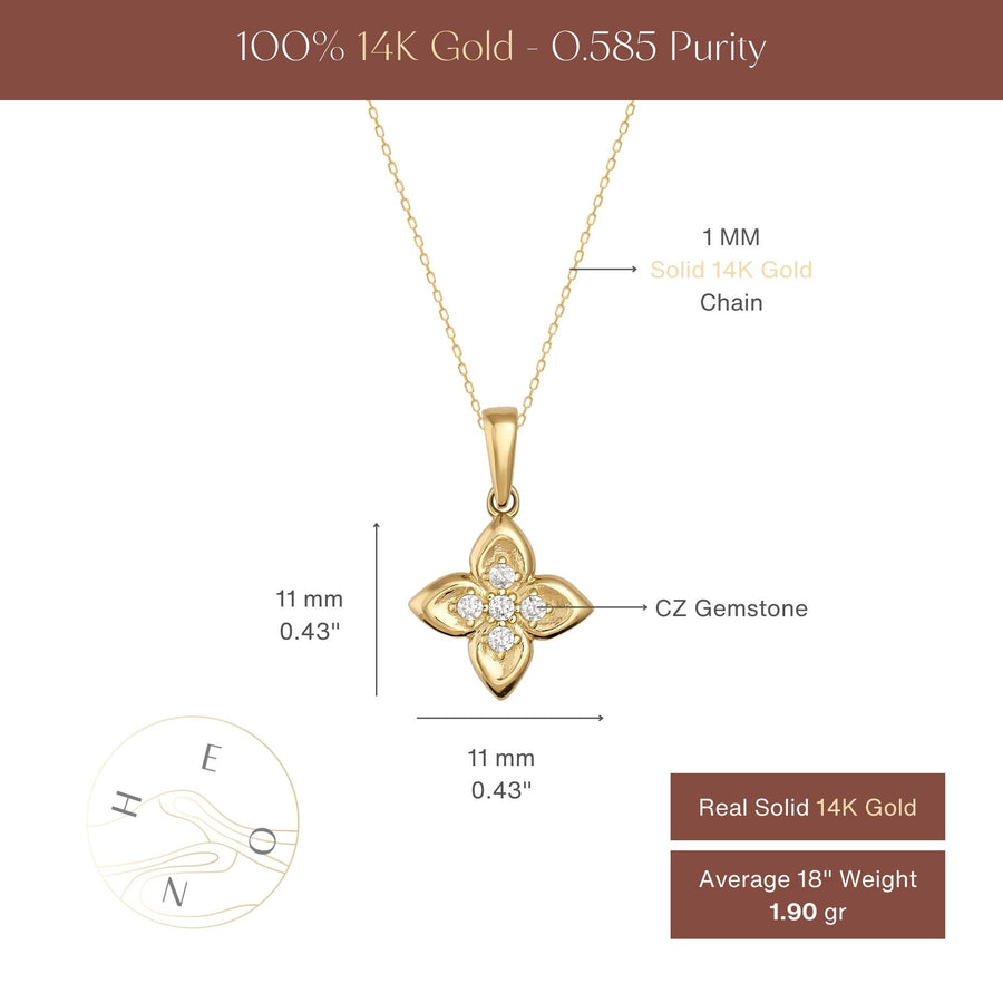 Tableau des tailles du collier fleur trèfle en or jaune 14 carats, 11 mm sur 11 mm avec oxydes de zirconium