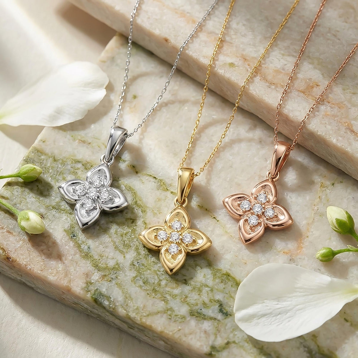 Colliers fleur de trèfle en or blanc, jaune et rose 14 carats sur du marbre avec des fleurs blanches